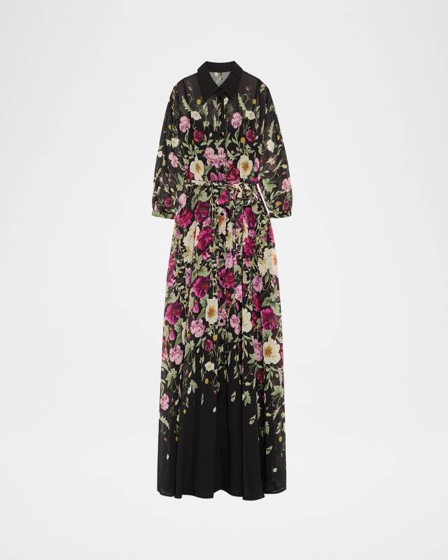 Floral-Print Chiffon Shirt Gown